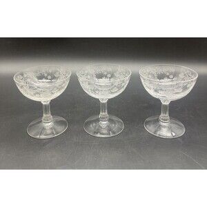 VTG FOSTORIA BOUQUET  ETCHED CLEAR GLASS LOW SHERBETS 4”- Set Of 3